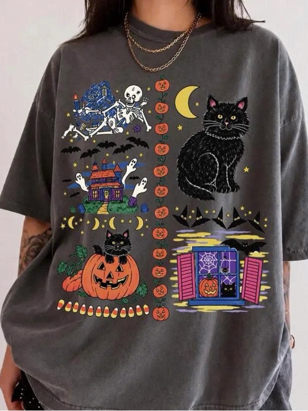 Halloween Black Cat Graphic Tee - Black